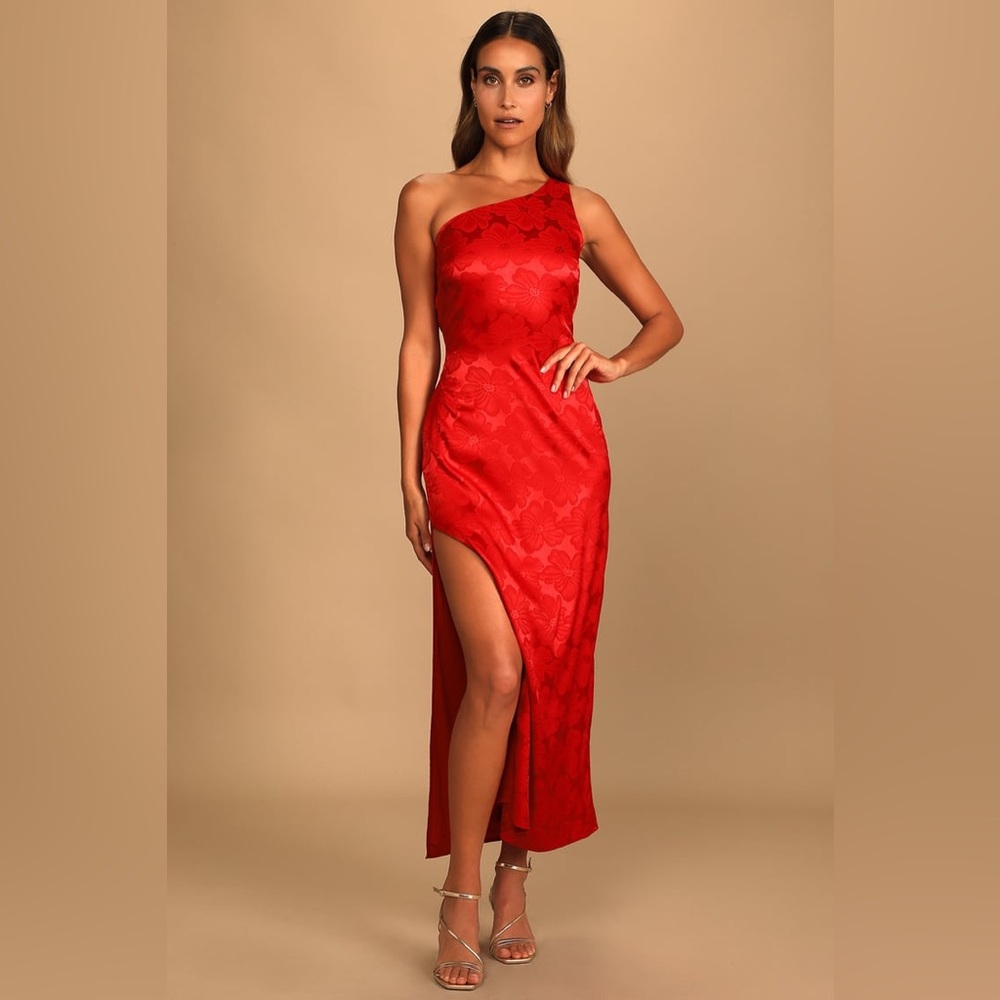 Chasing Desire Red Satin Jacquard One-Shoulder Maxi Dress, brand new with tags!!